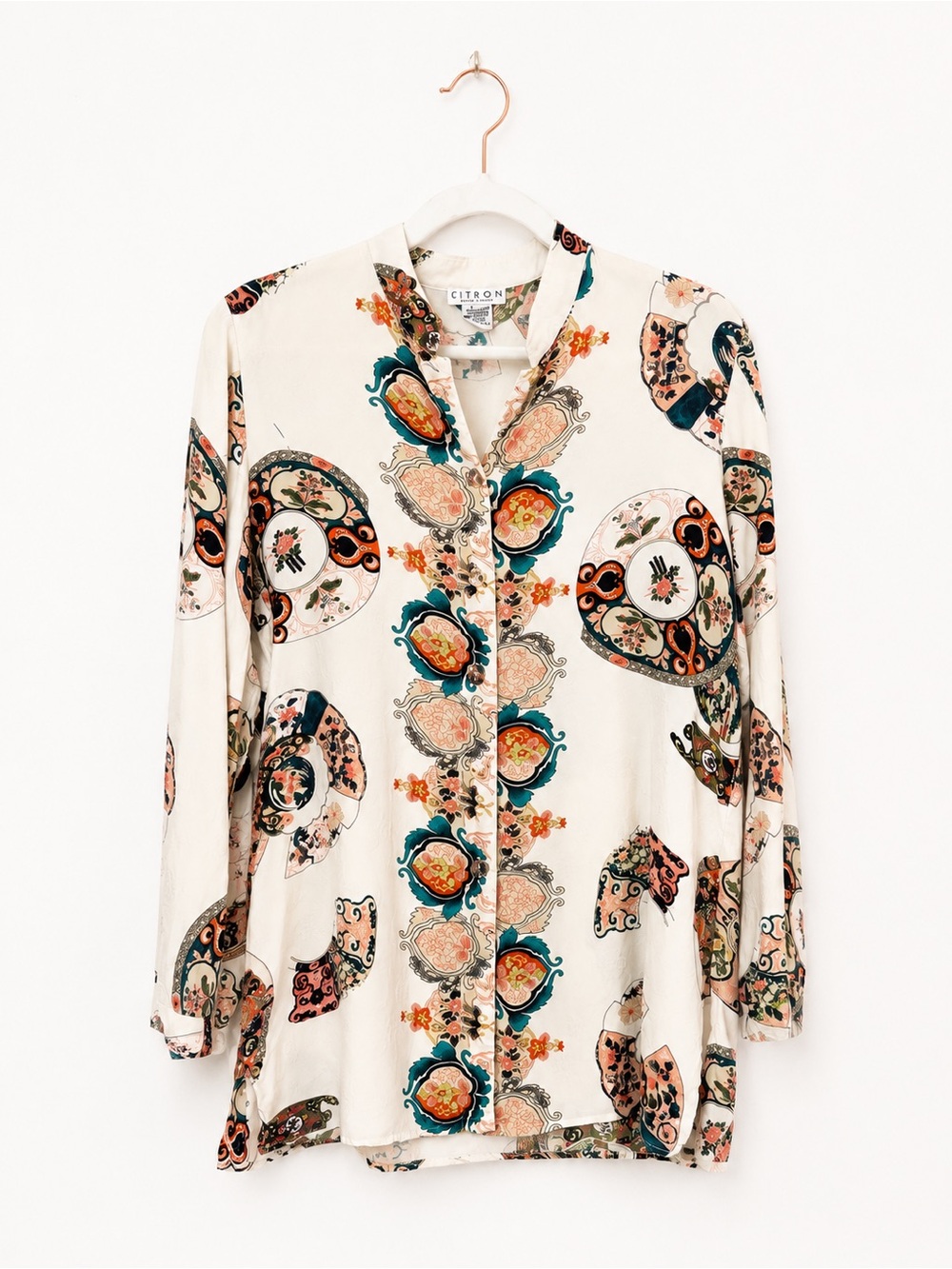 Citron Silk Long Sleeve Blouse Top Wearable Art Mediterranean Style Coastal Med